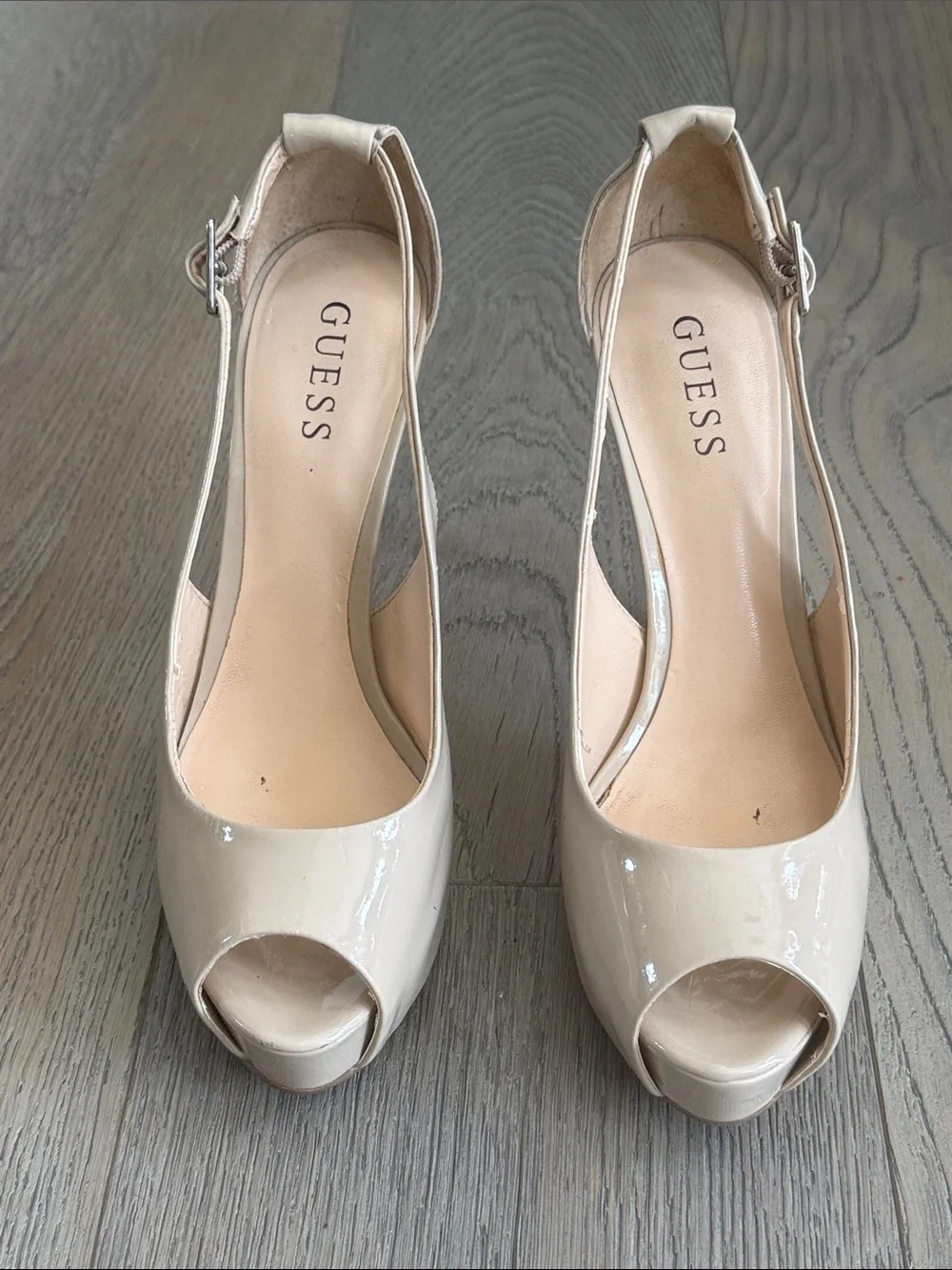 GUESS Nude Patent Slingback Peep Toe 4 3/4” Platform Heels- 8 1/2 M